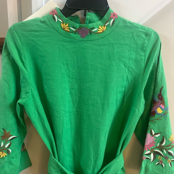 NWT Fanm Mon Asia Maxi Dress in Kelly Green Embroidered Linen XS - Picture 9 of 10